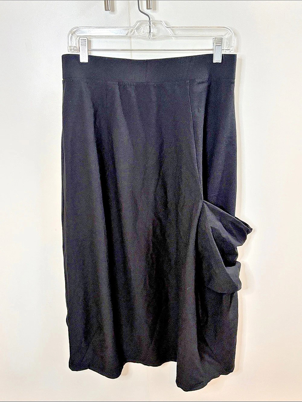 Eileen Fisher Washable Stretch Crepe Skirt Black Midi with Asymmetrical Pocket S